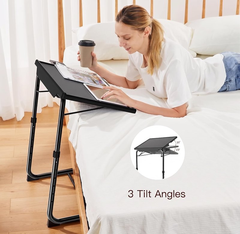 Adjustable TV Tray Table - TV Dinner Tray on Bed & Sofa, Comfortable Folding Table with 6 Height & 3 Tilt Angle Adjustments (Black)