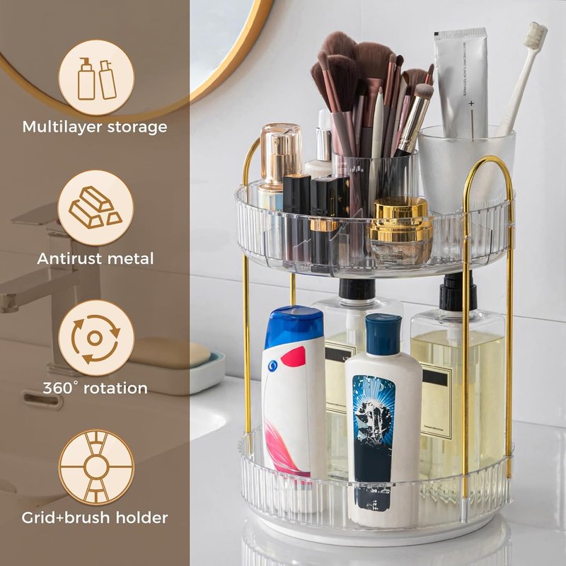 360° Rotating Makeup Organizer - Upgraded 2-Tier Skincare & Perfume Storage | Clear Cosmetic Dresser with Brush Holder