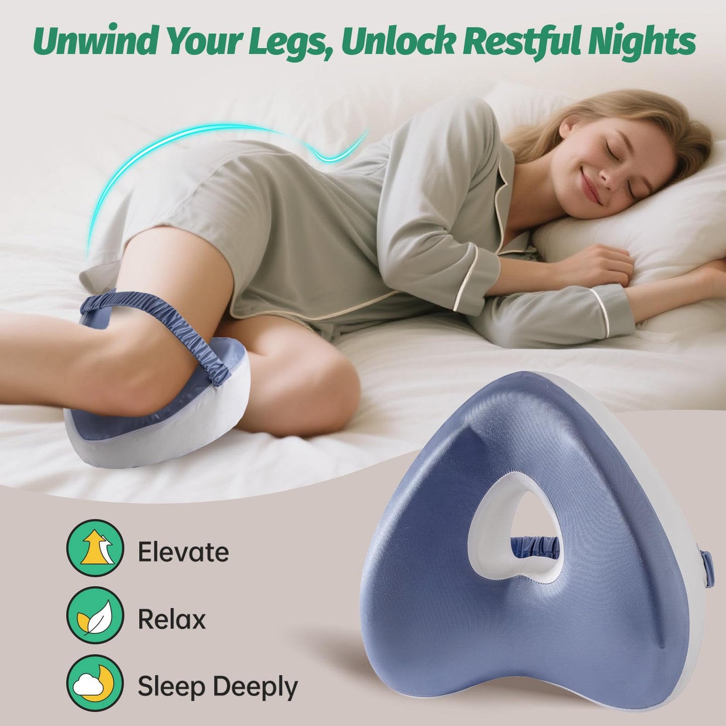 xiaomubiao Memory Foam Knee Pillow for Side Sleepers, Cooling Leg Pillow with Adjustable Strap for Sciatica, Hip & Back Pain Relief, Orthopedic Contour Between Leg Cushion with Washable Cover
