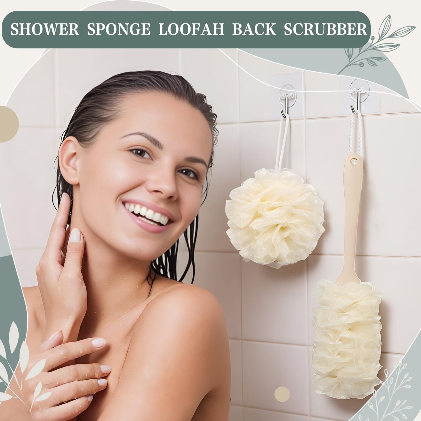 Suttmin 4 Pcs Back Scrubber Showers Set Bath Sponge Loofah Back Scrubber for Men Women Bathing Accessories Includes 1 Long Handled Shower Sponge 1 Bath Shower Luffa Pouf 2 Hooks to Hang Stuff