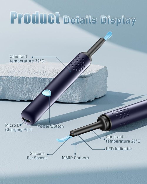 Ear Wax Removal Tool Camera - Ear Cleaner with Camera,1080P Otoscope, Ear Cleaning Tool with 4 Ear Spoon, Ear Camera for iPhone & Android Phones - Blue