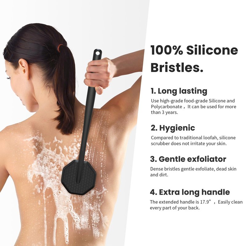 iTokGoK® Silver-Infused Silicone Back Scrubber with Long Handle Back Brush for Shower,Back Brush Long Handle for Men and Women,Ergonomic No-Slip Handle, Long-Lasting (Sky Blue)
