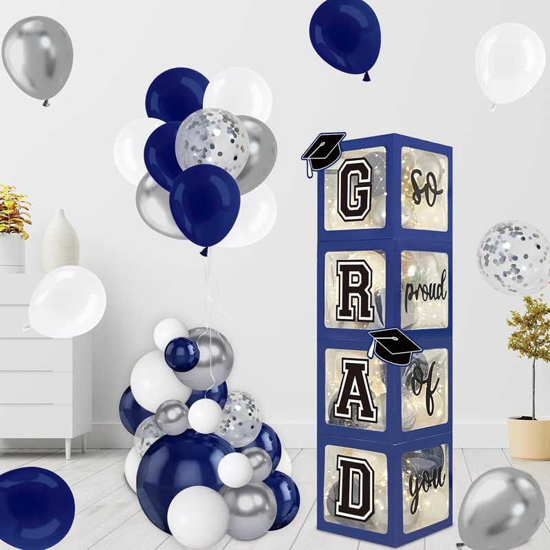 Navy Blue Graduation Decorations 2026 - 4 Balloon Boxes with 139pcs Garland Kit & Lighted Strings