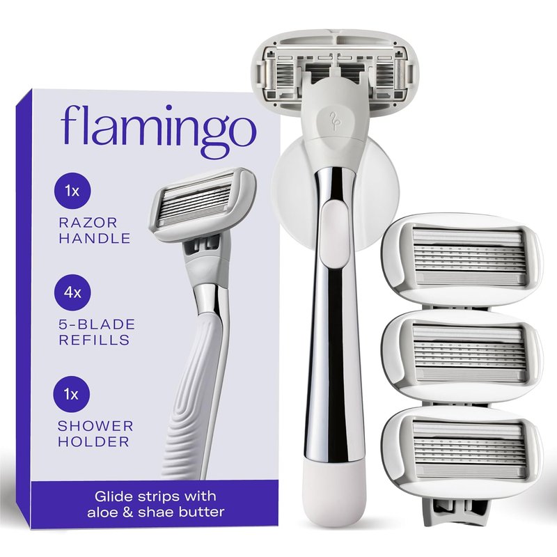 Flamingo Shaving Razor Set for Women - Chrome Handle, 4 Blade Refills & Shower Holder