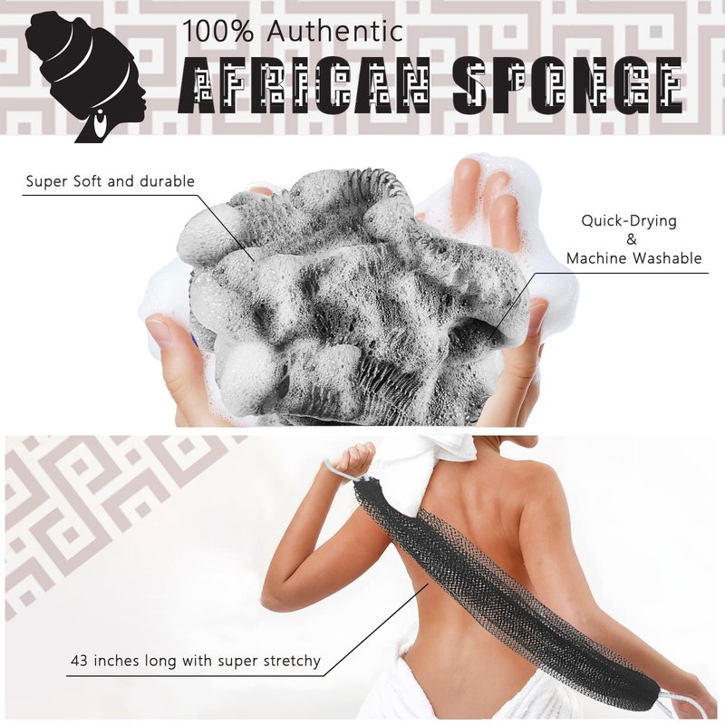 African Net Sponge Authentic with Knots - African Exfoliating Net Sponge with Handles for Body Scrubber Exfoliator - Real Africa Back Wash Bath Sponges for Shower Travel Portable & Dry Quickly, Black