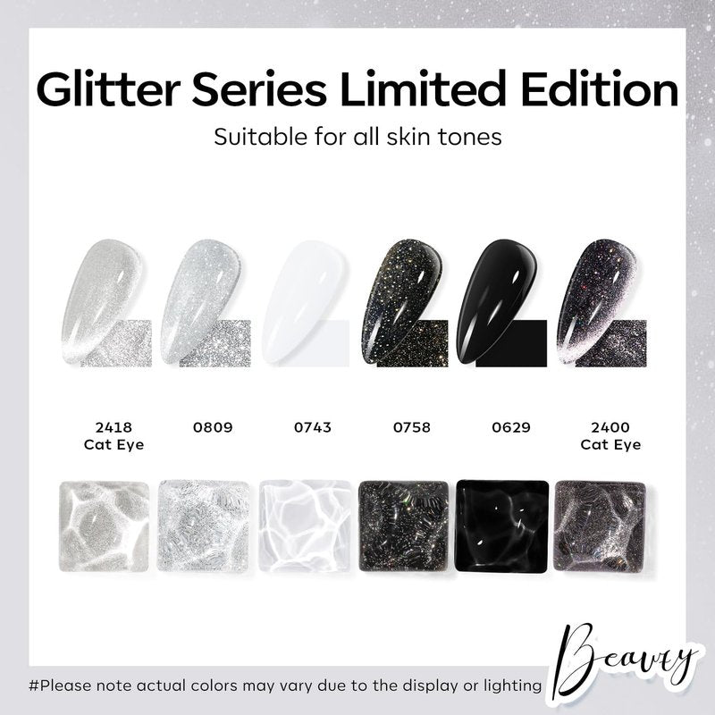 modelones Gel Nail Polish Set, 6 Colors Cat Eye Black White Gray Silver Glitter Shimmer Gel Polish Kit with Magnet Sparkle Galaxy Series Soak Off Nail Art Manicure Home Gift for Women Girl