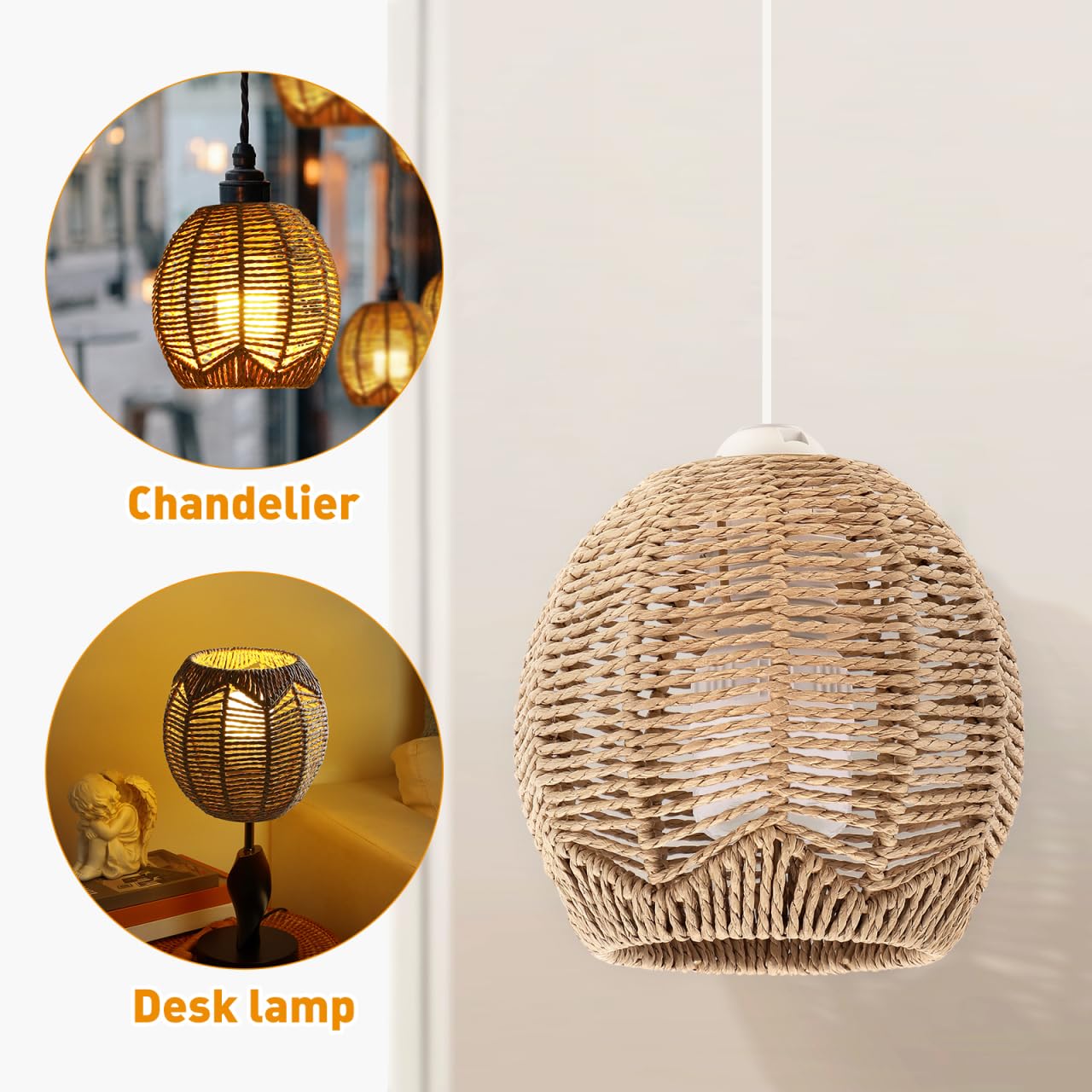 TOVINANNA Handmade Rattan Pendant Lamp Shade Woven Chandelier Cover Small Lampshade for Living Room Bedroom Retro Home Lighting 5.90X5.90X5.51In