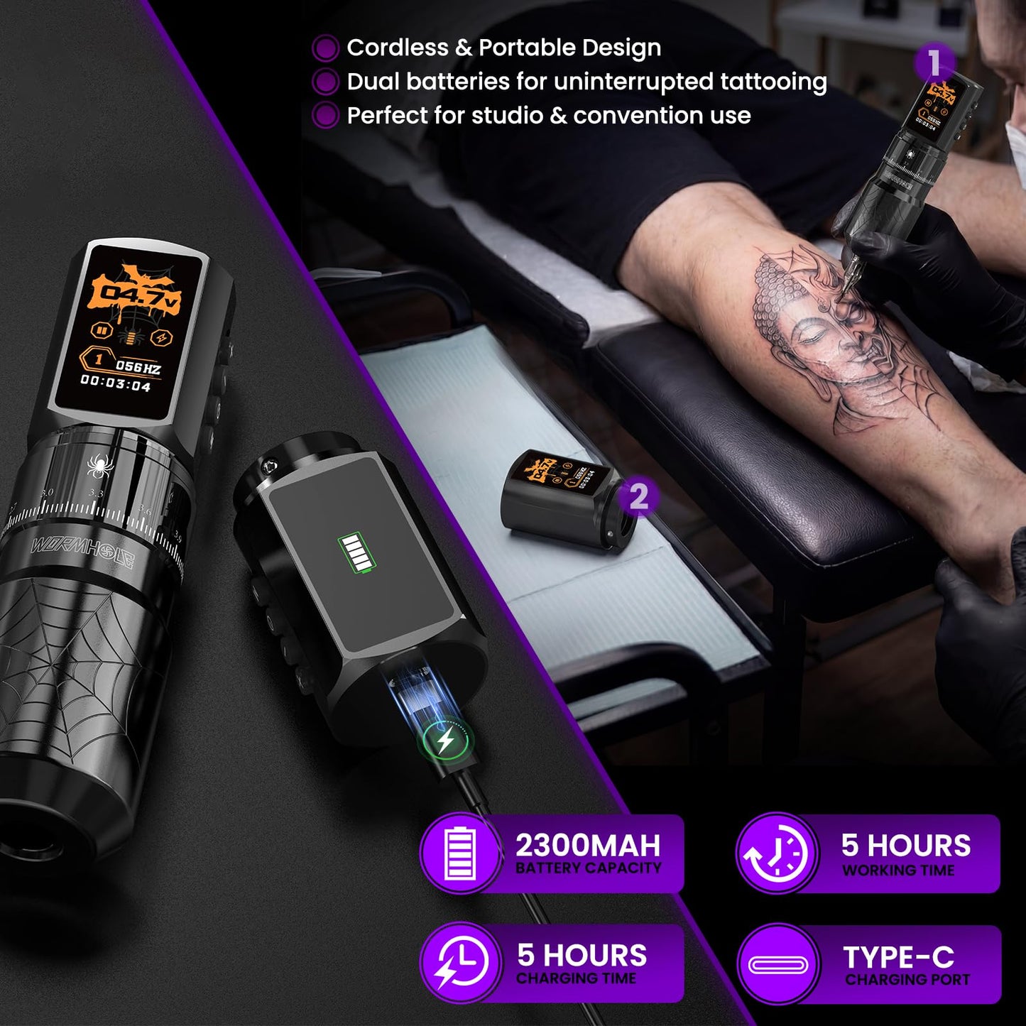 Wormhole 2 PCS 2300mAh Batteries Tattoo Kit Wireless Tattoo Gun Kit with 7 Adjustable Strokes, Smart Display with 3 Memory Slots, 3 Working Modes, 2 Tattoo Inks for Lining & Shading WTK0256