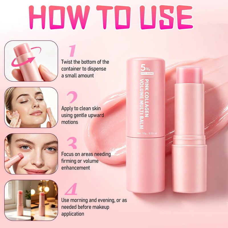 2Pack Pink Collagen Volume Multi Balm Stick,Collagen Wrinkle Stick Face & Body,Deeply Hydrating for Face, Lips, Eyes, Neck, Makeup Base