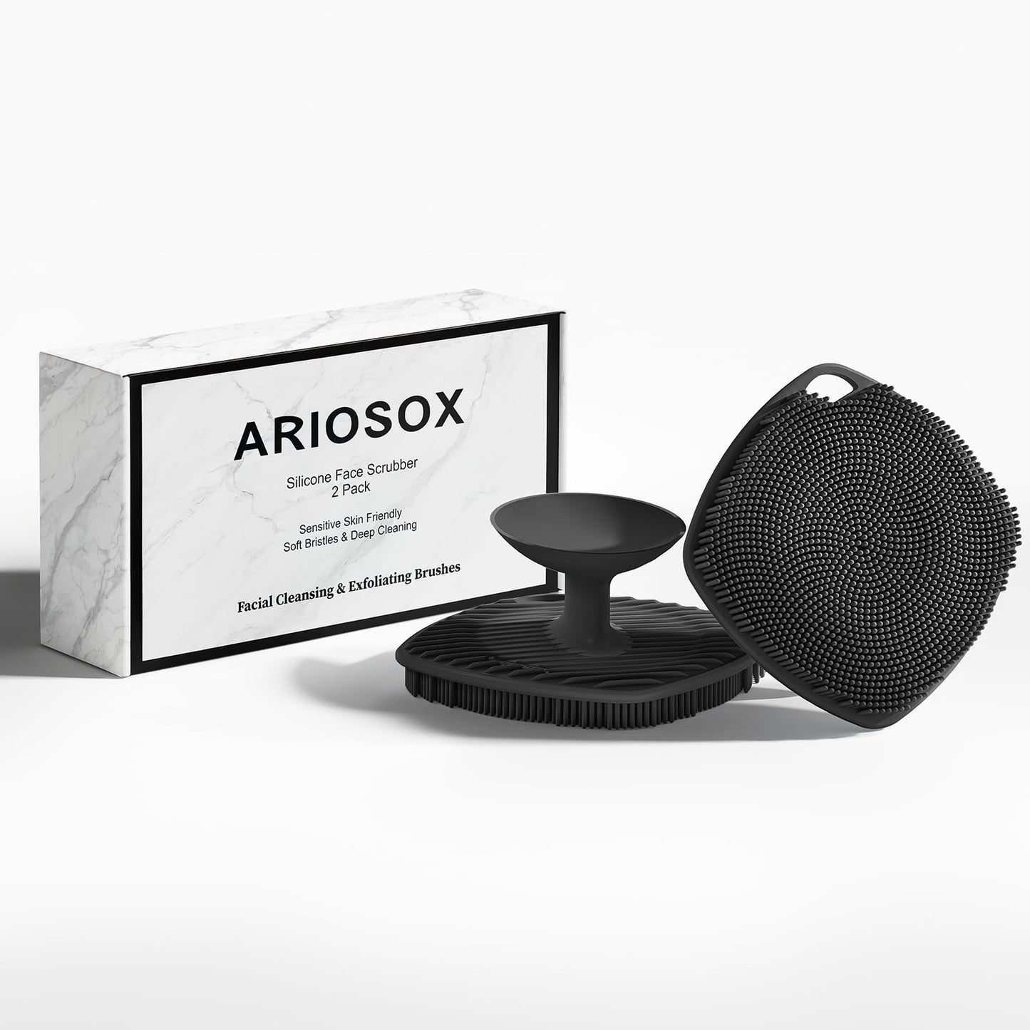 ARIOSOX 2 Pack Face Scrubbers, Silicone Face Scrubber Soft Bristles, Gentle Lather, Exfoliating & Deep Cleaning for Sensitive Skin, Giant Suction Cup Stick Securely, Easy to Store (Black)