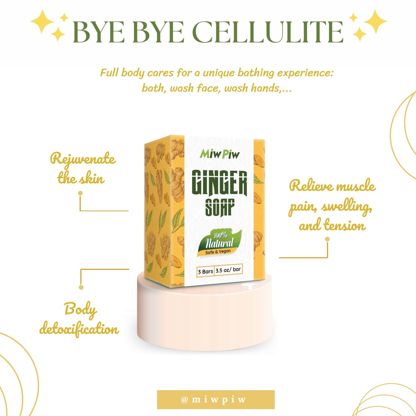 Miw Piw Ginger Soap Lymphatic Drainage Pack 3 - Anti-Cellulite Skin Tightening - Natural Ingredients Detox Soaps for Deep Clean Shower, Detoxification, Rejuvenating