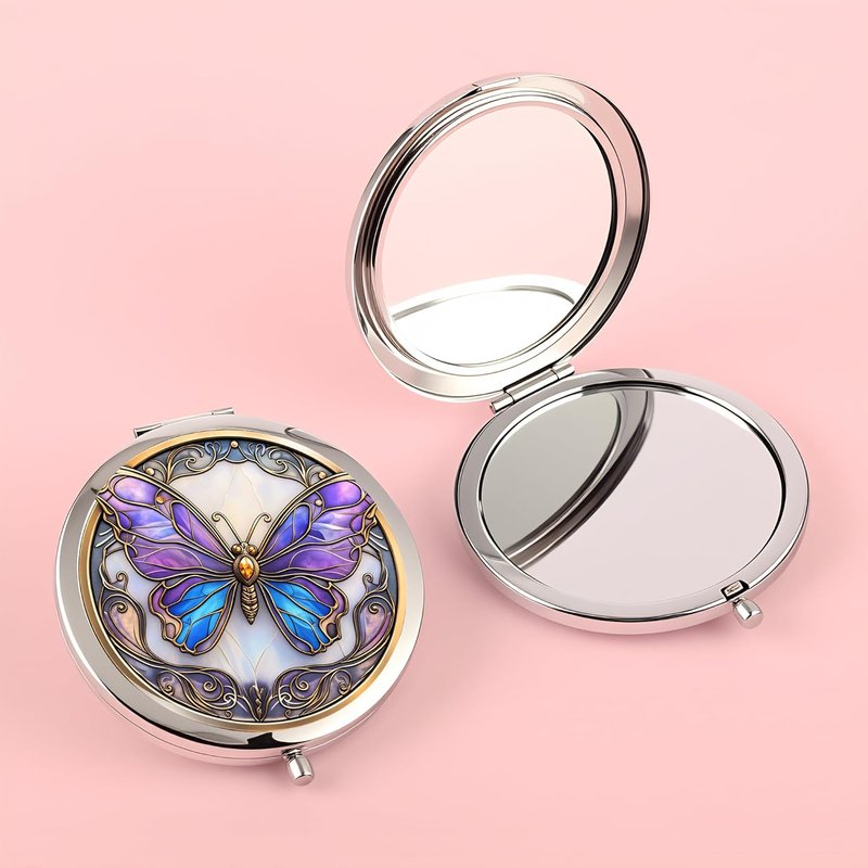 Silver Compact Mirror - Double-Sided Folding Makeup Mirror with Purple Butterfly Design | 2.8x2.8 Inch, Perfect Gift for Women