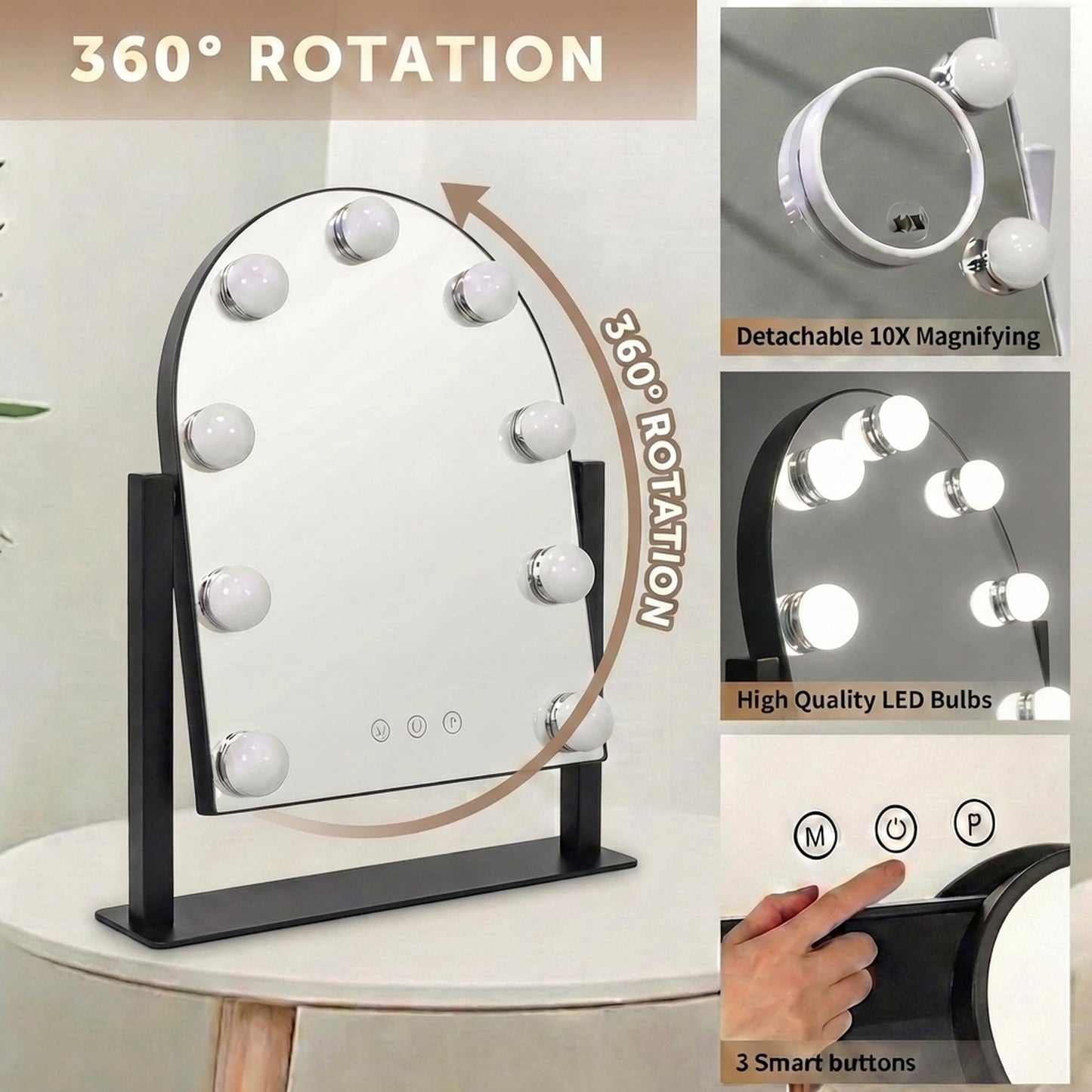 SLIMOON Arched Makeup Vanity Mirror with LED Lights Makeup Mirror Detachable 10X Magnification, Hollywood Make Up Mirror with Lighting, Smart Touch, Rechargeable,360° Rotation,Black 14.17"x 11.81"