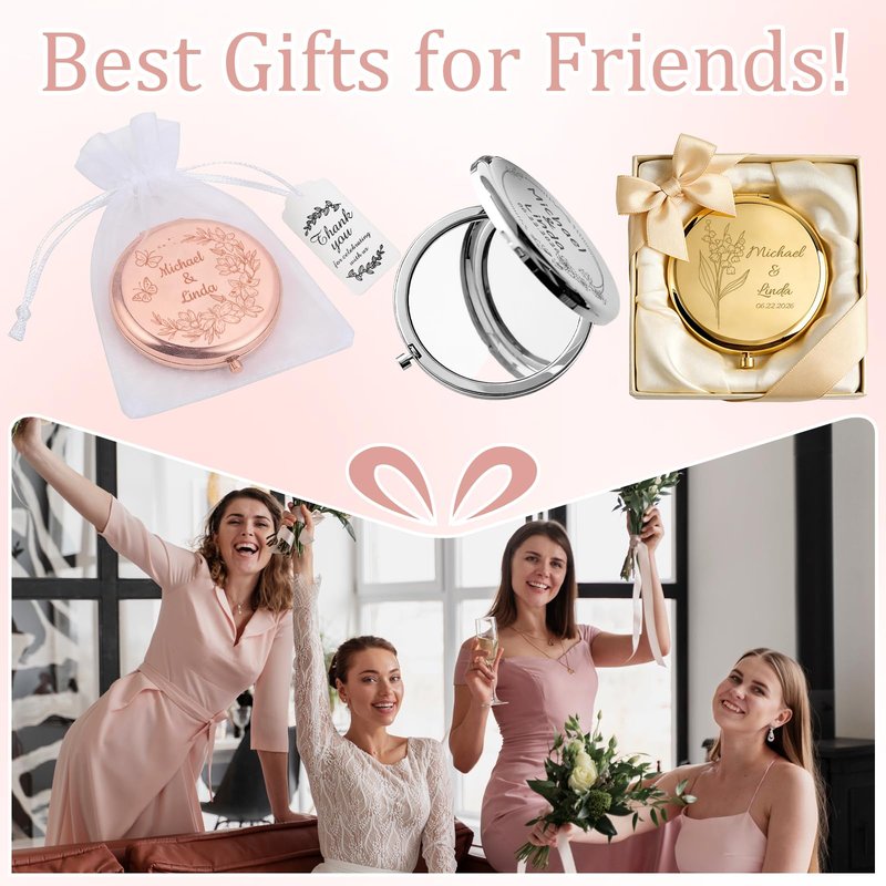 HJX Personalized Compact Mirror Bulk, Custom Pocket Mirror for Women, Small Cute Purse Mirror for Wedding Favors, Bridesmaids, Graduation, Galentine & Sisterhood Gifts (1)