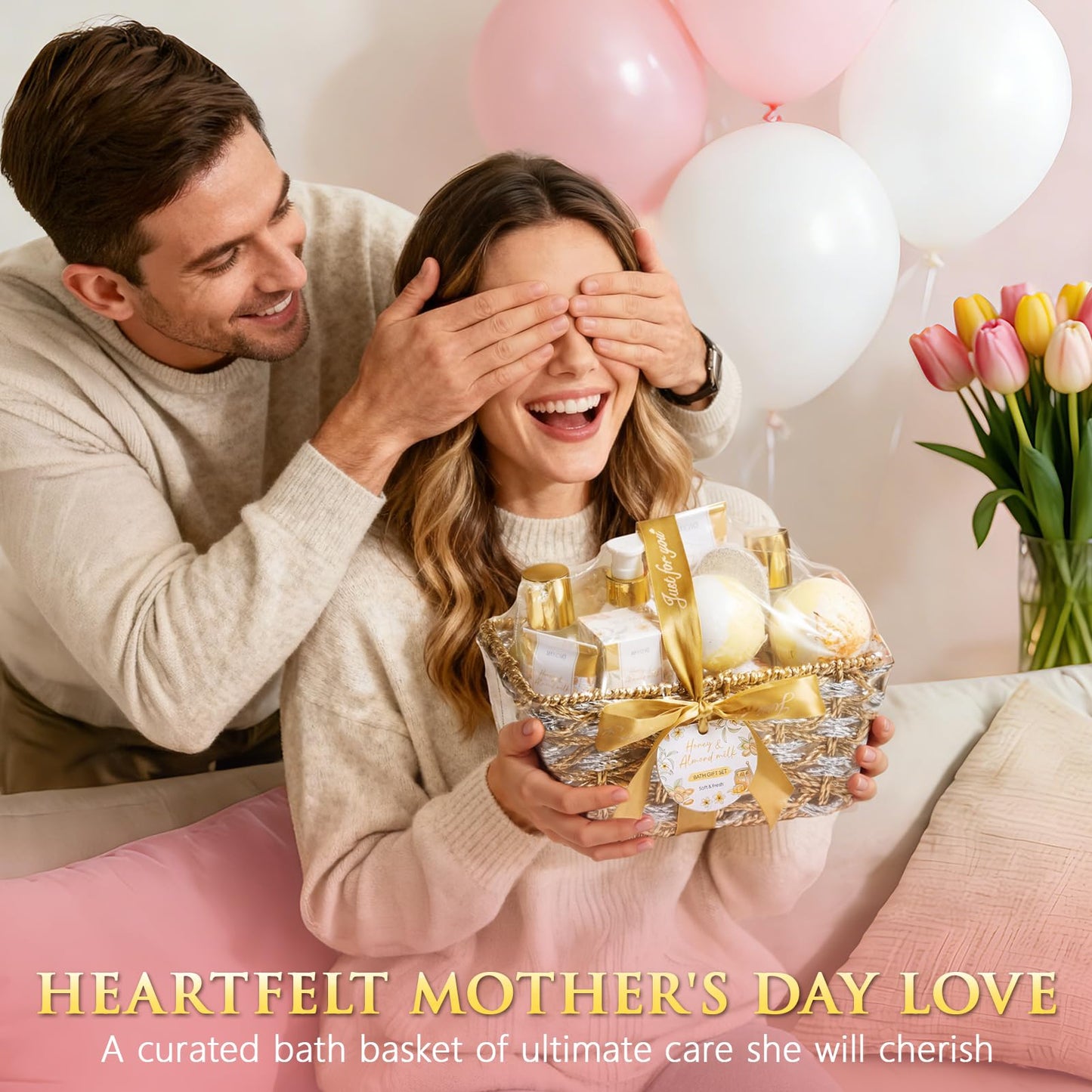 Mothers Day Birthday Gifts for Women, Honey & Almond Milk Relaxing Spa Gift Baskets for Women Self Care Package Bath Gift Set, Home Bath and Body Kit Pamper Gifts for Womens Her Mom Friends Sister