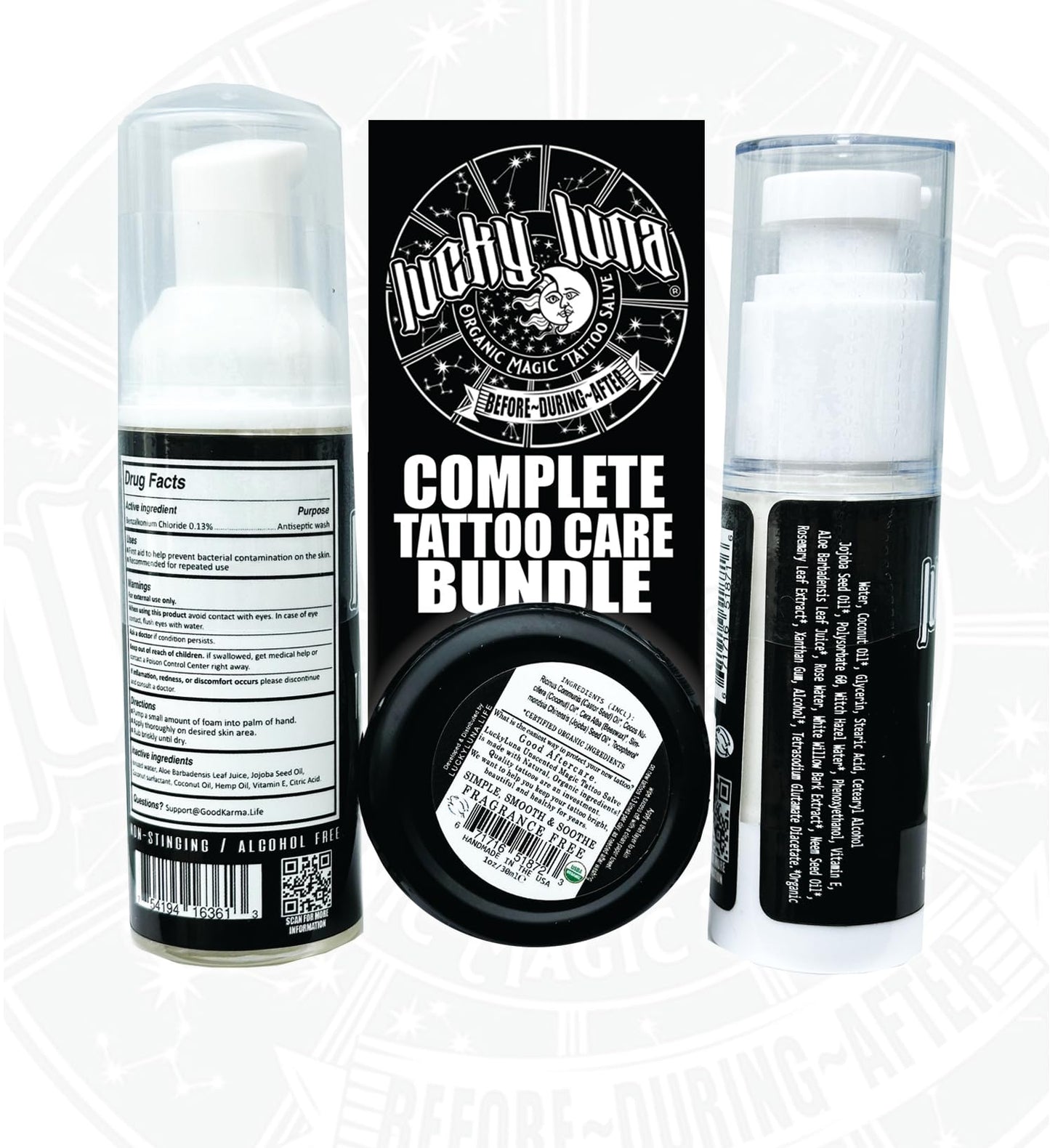 LuckyLuna Complete Tattoo Care Bundle, Aftercare Kit, Includes Foaming Soap, 1oz Organic Magic Salve, Tattoo and Body Lotion, Professional Healing