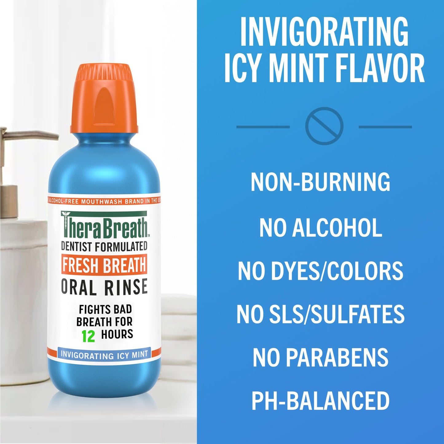 TheraBreath Fresh Breath Mouthwash, Icy Mint Flavor, Alcohol-Free, 16 Fl Oz (Pack of 2)