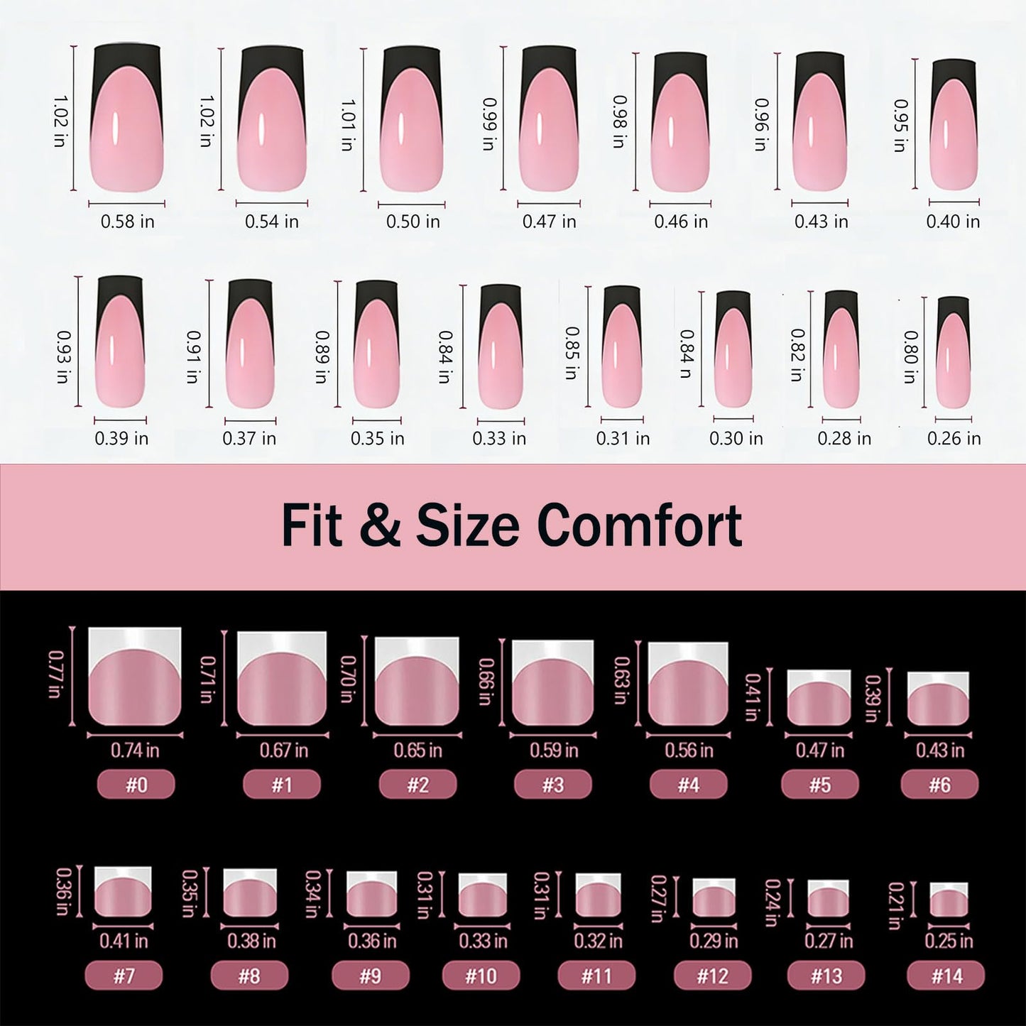 YeeLam 60Pcs 2-in-1 Press on Nails and Toenails – Glossy Black French Tip with Pink Base, 15 Sizes Square Soft Gel Fake Nails, Beginner Friendly Travel Set