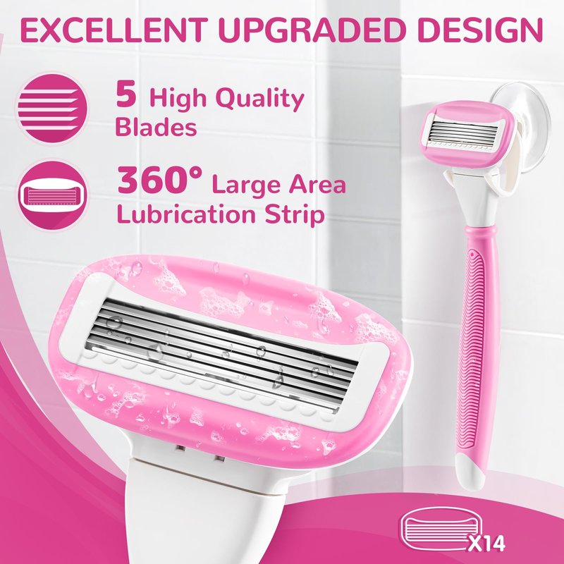 Razors for Women Include 2 Non-Slip Handles and 14 Blade Refills with a Shower Holder, 5 Premium Blades Women's Razors for Shaving with 360° Lubrication Reduces Irritation, Pink
