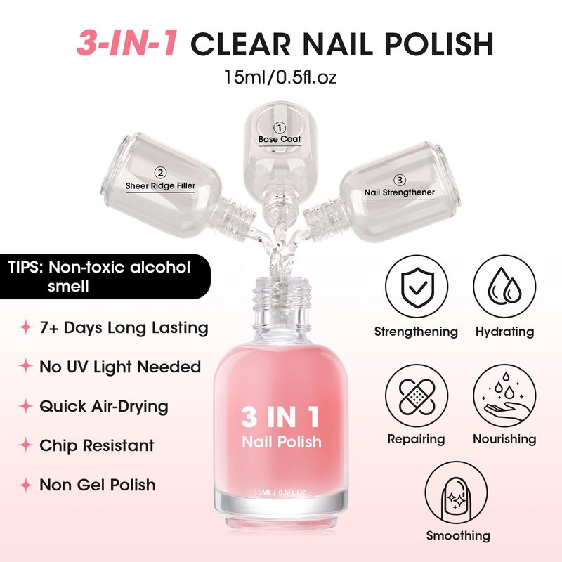 GELLEN Clear Nail Polish Ridge Filling Base Coat, Sheer Milky Pink Tint Ridge Filler For Nails | Hydrate Fortify Repair Damaged Dry Finger Nails | Shea Butter, Vit E, Protein | Toxin HEMA TPO Free