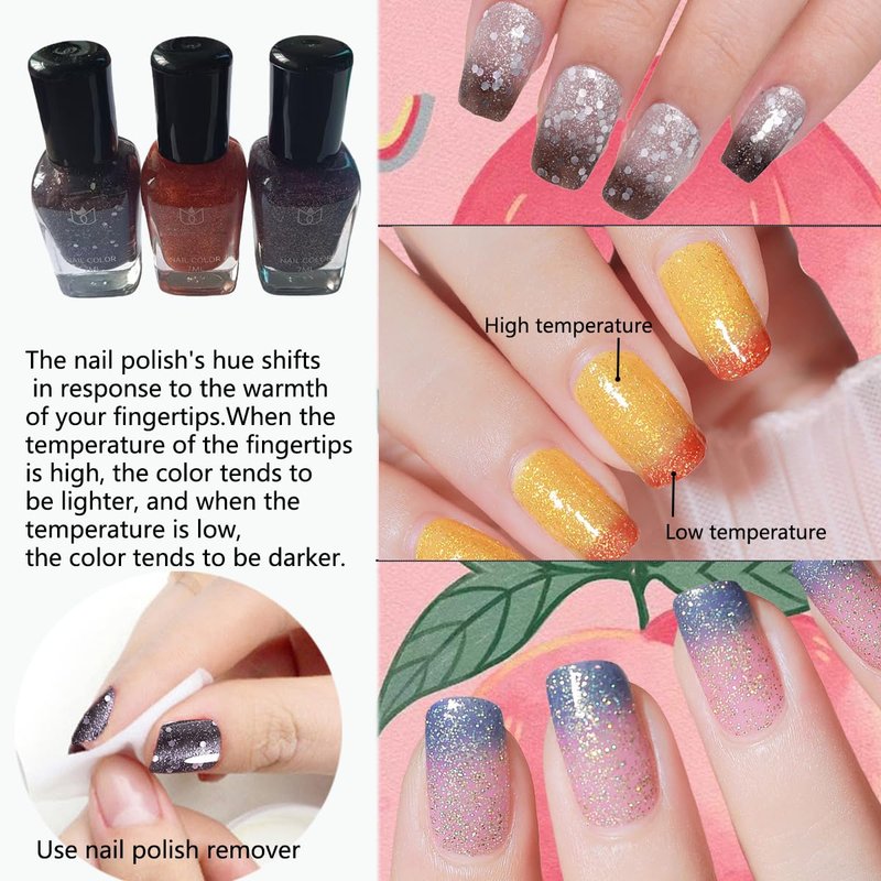 Rowcay 6 Pcs Color Changing Nail Polish Set, Classic Colors Quick Dry Nail Polish Kit 0.24 oz Finger Nail Color Pack Glossy Toenail Polish, Temperature Polish for Women and Girls