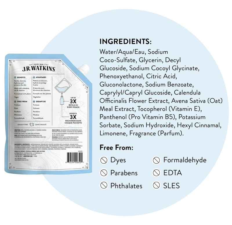 J.R. Watkins Foaming Hand Soap Refill, Moisturizing Foam Hand Wash, Formulated with Plant-Based Cleansers, Alcohol-Free, Cruelty-Free, Ocean Breeze, 28 fl oz, 2 Pack