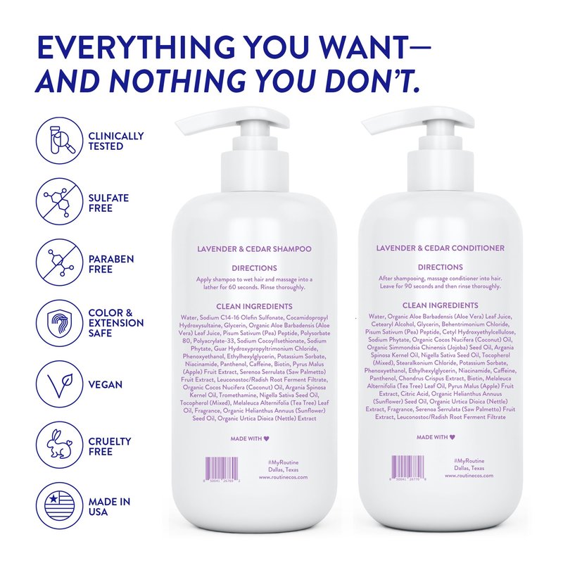 Routine Wellness Anti-Thinning Shampoo and Conditioner Set for Thinning Hair - Biotin DHT Blocker Women & Men - Color Safe Shampoo for Hair Loss & Healthier Hair - Lavender & Cedar Set