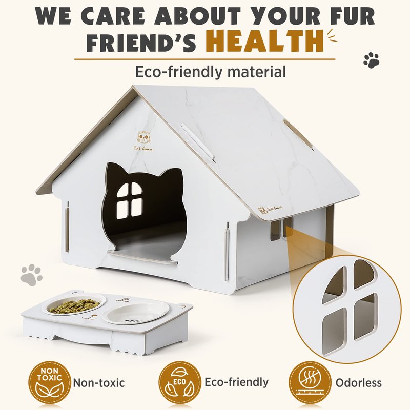Outdoor Cat House,Collapsible Weatherproof Cat Houses for Outdoor/Indoor Cats,Solid Cat House with Elevated Cat Bowls, Easy to Assemble House for Small Cat…