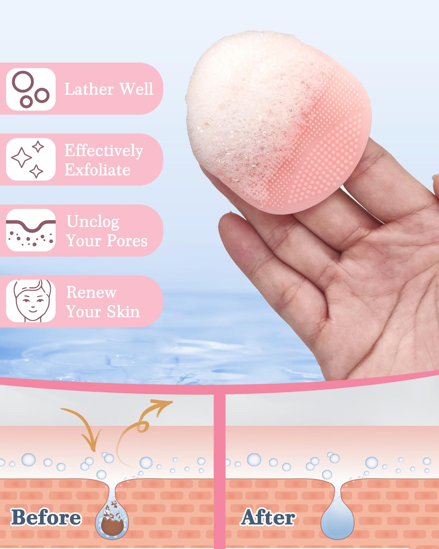 Manmihealth Silicone Back Scrubber (Thick Bristles) & Bath Glove & Face Brush Set (3PCS), Super-Exfoliating & Lathering Body Scrubber, Shower Brush, Face Scrubber Combination, with a Free Hook (Pink)