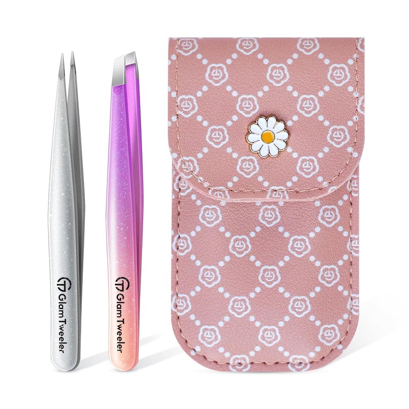 GlamTweeler Slant & Point Tip Tweezer Set - Precision Hair Removal | Sparkle Violet & Silver Carrying Case