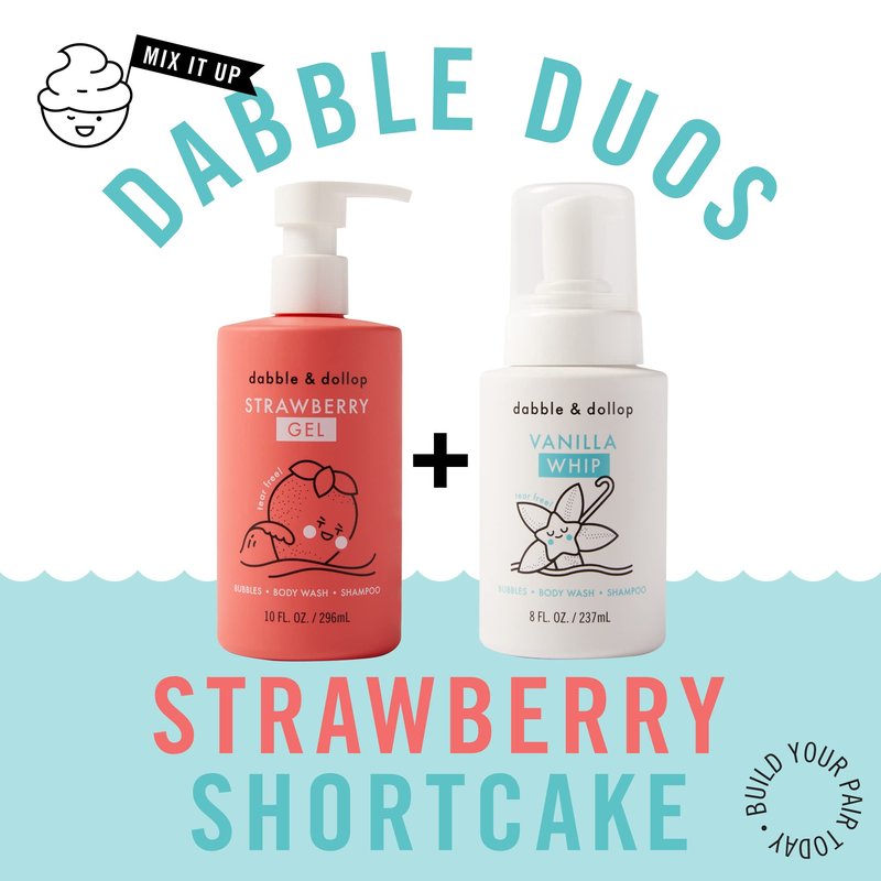 Dabble & Dollop Strawberry + Vanilla Kids 3-in-1 Body Wash, Shampoo & Bubble Bath Bundle – Gel + Foam Whip, Tear-Free, Gentle, Natural-Origin, Hypoallergenic and Safe for Sensitive Skin (Pack of 2)