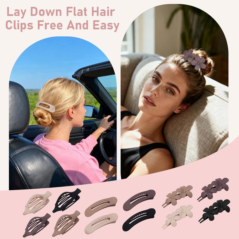 Flat Hair Clips Set - 12 Pack Matte Neutral Claw Clips & Barrettes | Strong Hold for Thick & Thin Hair in Black, Blonde, Brown