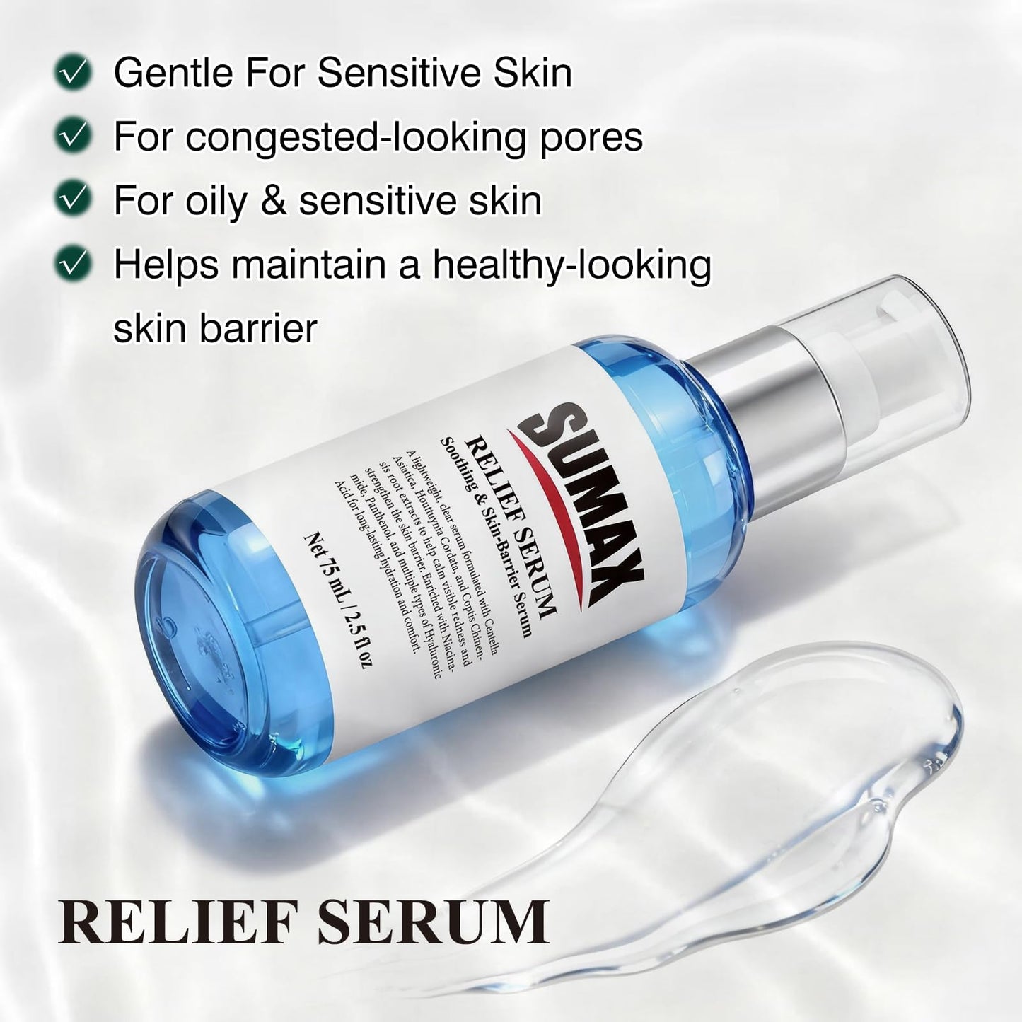 SUMAX Relief Serum - Face Serum with Centella + Hyaluronic Acid, for Sensitive & Blemish-Prone Skin, Soothes the Look of Redness, Supports Skin Barrier, Lightweight Non-Sticky, 2.5 fl oz (75 mL)
