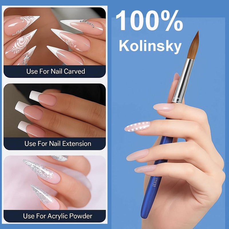 Kolinsky Hair Acrylic Nail Art Brush - Oval Crimped Tip for Precision, Gradient Blue Metal Handle | Size #8