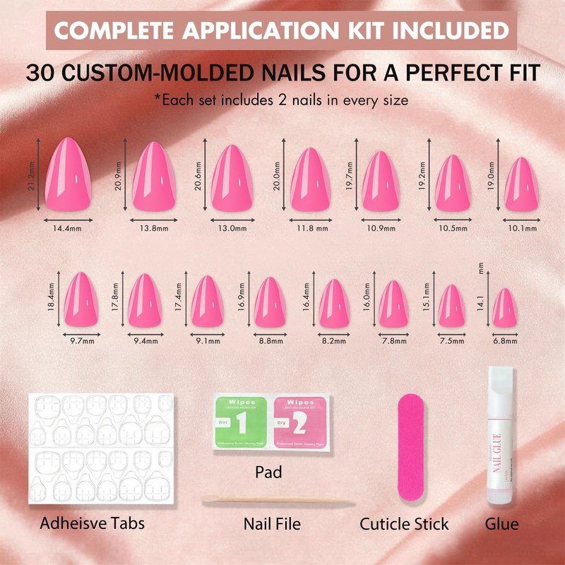 JOYVVEW Chrome Dusty Pink Press on Nails Short Almond, Glazed Gel Fake Nails with Glue for Women Wedding & Everyday, Reusable Handmade Thick Glue On Nails with High Gloss in 15 Sizes, 30 Pcs