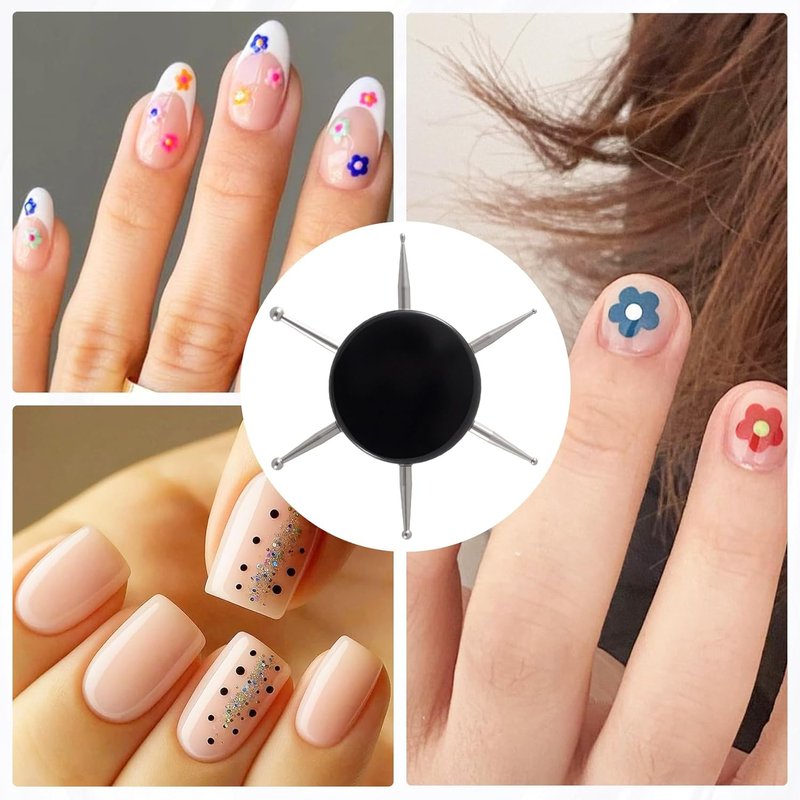 Nail Dotting Tool, 6-in-1 Metal Dotting Tool Nail Art, Circular Nail Design Dotting Pen, Ergonomic Dotting Disc for Manicure Embossing, Tracing, Painting - Black, 1pcs