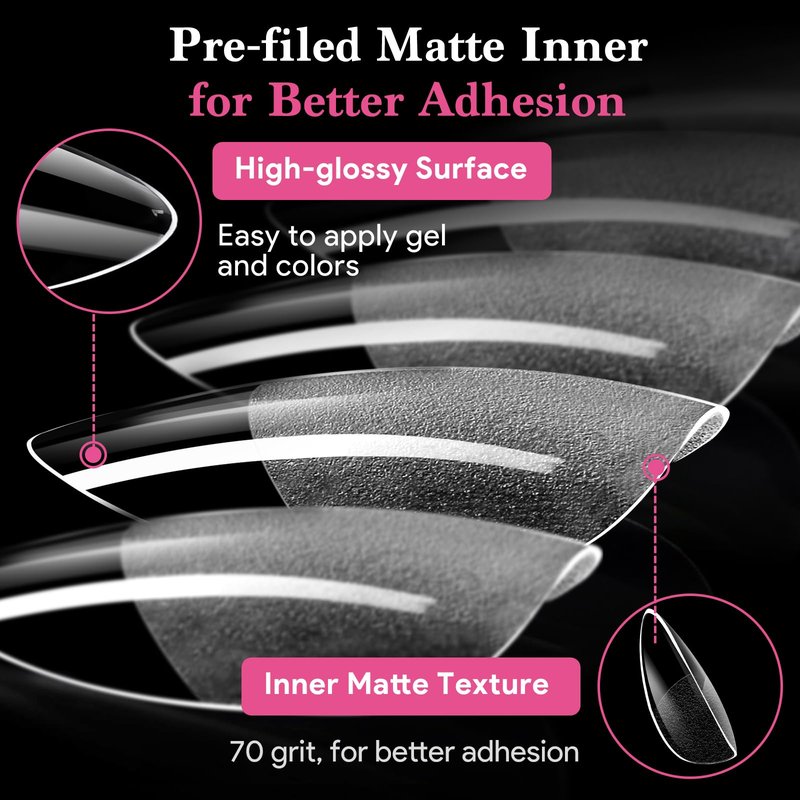Qiek Medium Almond Fake Nail Tips, 15 Sizes 240 PCS Clear Half Matte Press On False Nail Tips Pre-shaped Full Cover Gel Nail Acrylic Soft Tips Extensions Thick Long Lasting for Home DIY Nail Salon
