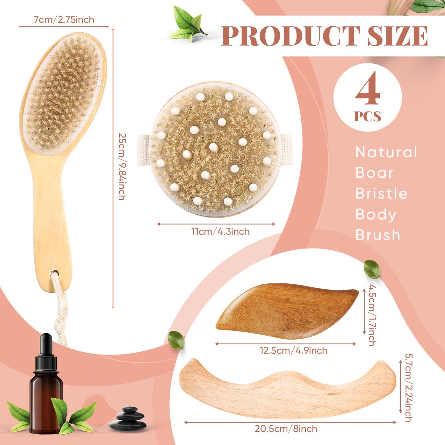 Lineshading 4 Pcs Dry Brushing Body Brush for Lymphatic Drainage Vegan Dry Brush with Wood Therapy Massage Lymphatic Drainage Tool Gua Sha Anti Cellulite Body Sculpting Sensitive Skin Exfoliation…