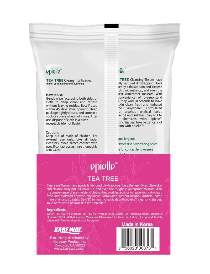 Epielle Tea Tree Makeup Remover Wipes, Gentle Daily Facial Cleanser Towelettes, Remove Dirt, Oil & Waterproof Mascara, Stocking Stuffers, 60 Count (Pack of 2)