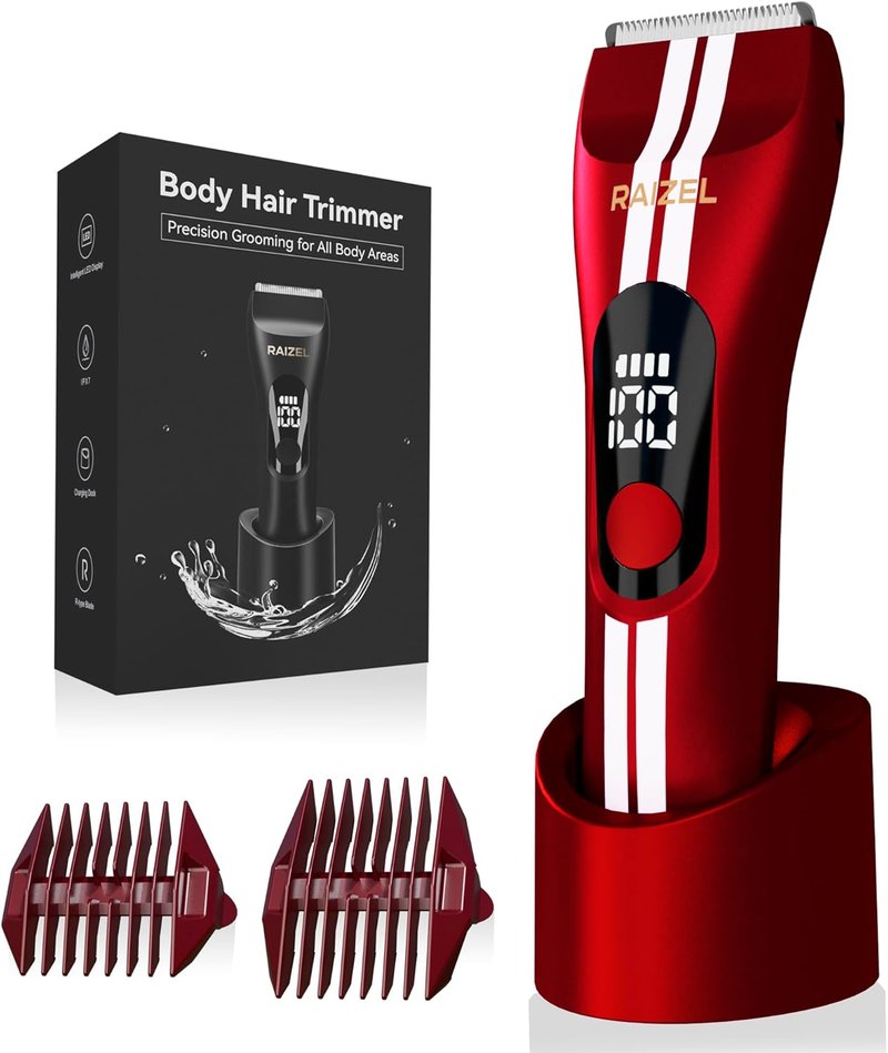 RAIZEL Electric Body Hair Trimmer - Waterproof Groin & Bikini Shaver | Cordless Wet/Dry with USB Dock (Red)
