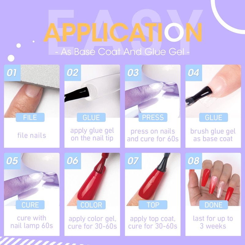 Gellen Nail Glue Gel, 2PCS 15ML 3 in 1 Gel Nail Glue for Acrylic Nail & Base Gel & Nail Strengthener Kit, Nail Glue for Press On Nails False Nails, Super Strong Gel Glue for Nail Extension