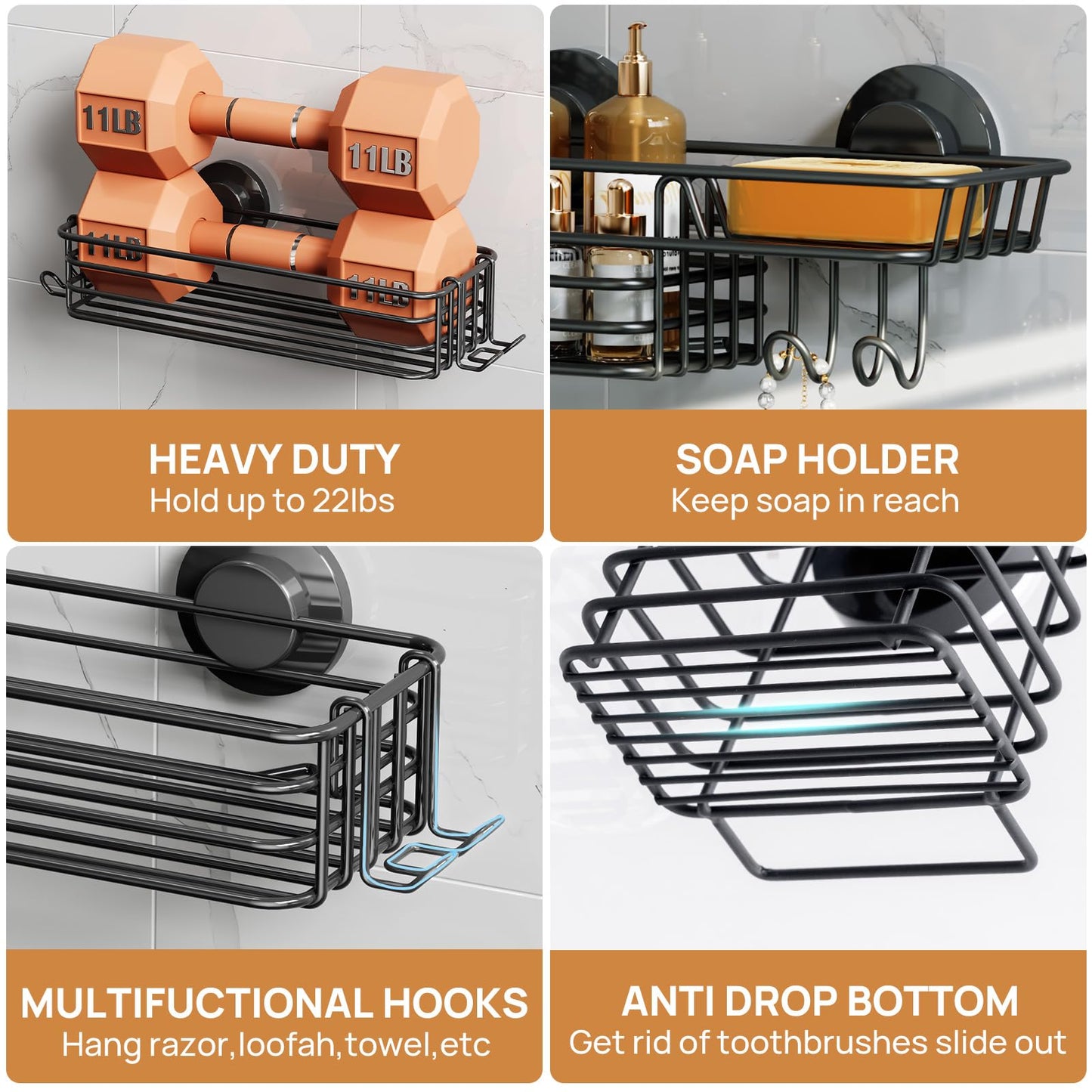LEVERLOC Shower Caddy Suction Cup, 3 Pack Heavy Duty Bathroom Organizer for Inside Shower with Hooks & Soap Holder, Removable Bathroom Organizer, Rustproof Black Holder Storage