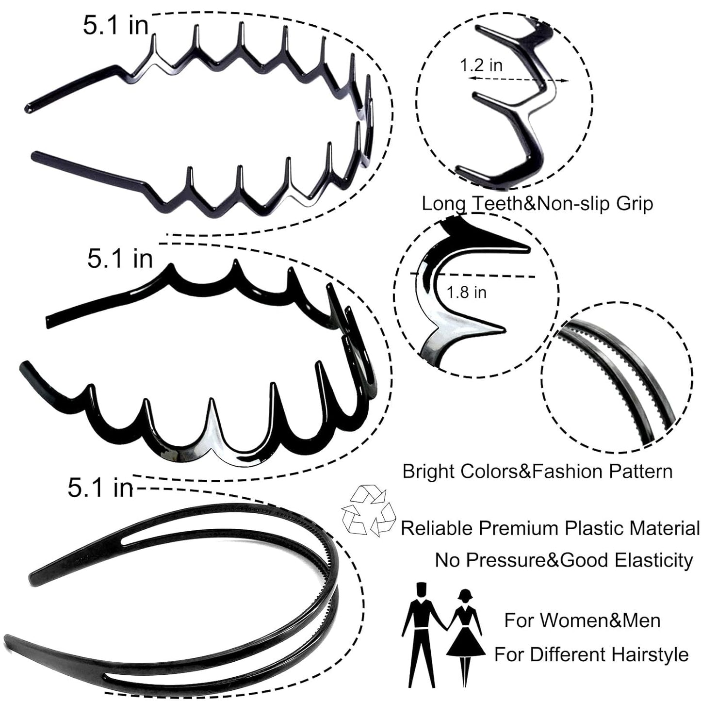 Zig Zag Headbands Set - 6 PCS Plastic Hair Accessories for Women & Men | Premium Bright Black