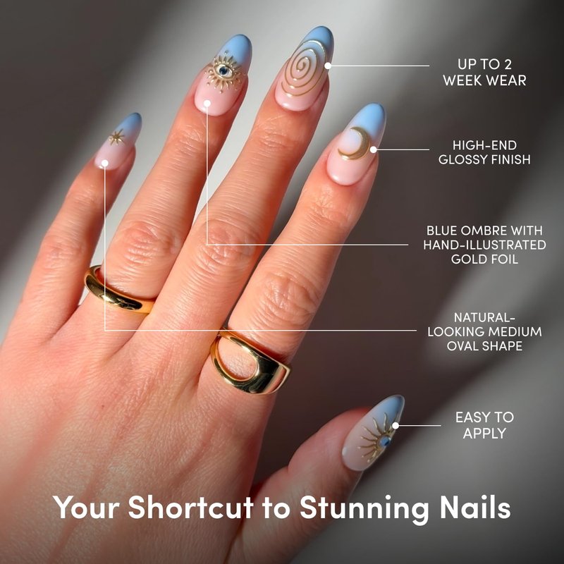 Glamnetic Press On Nails - Medium Oval Fake Nails with Blue French Tips & Celestial Gold Accents | Salon Quality | French Tip Nails | Spirited Sky | 15 Sizes - 30 Nail Kit with Glue