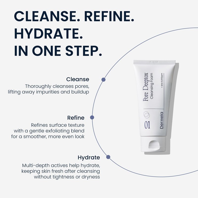 Dermela Pore Deeptox Cleansing Foam, Black Charcoal + BHA & Succinic Acid, One-Step Pore-Purifying Cleanser, 10-Weight Hyaluronic, 4.06 fl oz (120 mL) | Korean Face Wash for Oily & Sensitive Skin