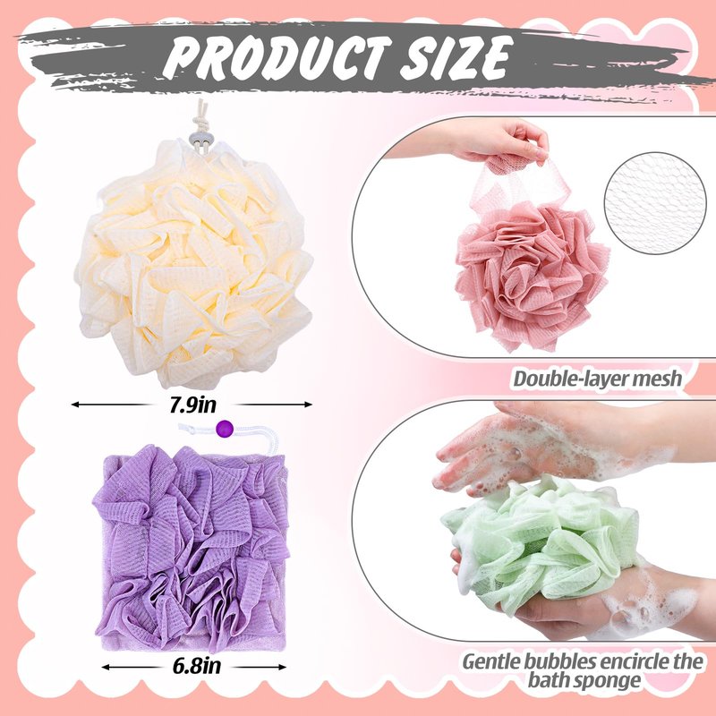 Afarnook 6 Pcs Washcloth Loofah Combo 2 in 1 Bath Loofah Sponge with Drawstring Exfoliation Mesh Shower Puff Ball for Body Cleaning Bath Set with Dual Sided Puff Shower Sponge Rich Lather