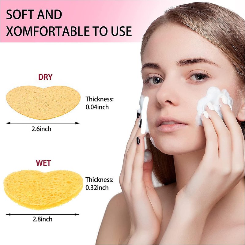 20 Count Heart Shape Compressed Facial Sponges with Case for Travel, 100% Natural Cellulose Facial Cleansing Sponges Pads Exfoliating Sponges for Cleansing, Pore Exfoliating,Makeup Removal (Yellow)