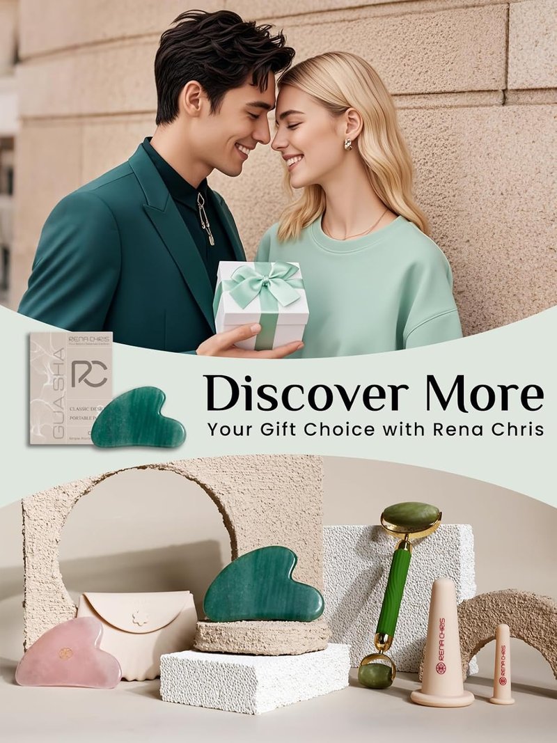 Rena Chris Gua Sha Tool - Jade Stone Facial Massager for Acupuncture Therapy | Reduces Puffiness & Sculpt Jawline (Green)