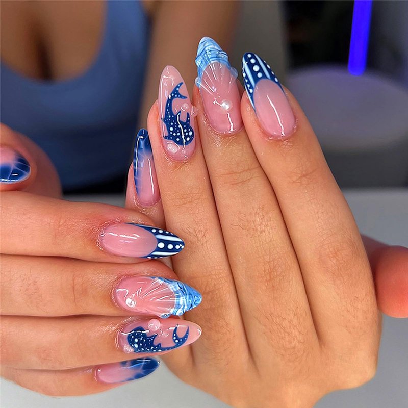 3D Ocean Shark Press on Nails, Blue French Tip Fake Nails with Polka Dot Designs, Almond Shape Glossy False Nails for Women, 30Pcs Artificial Stick on Nails for Daily Party Beach Vacation