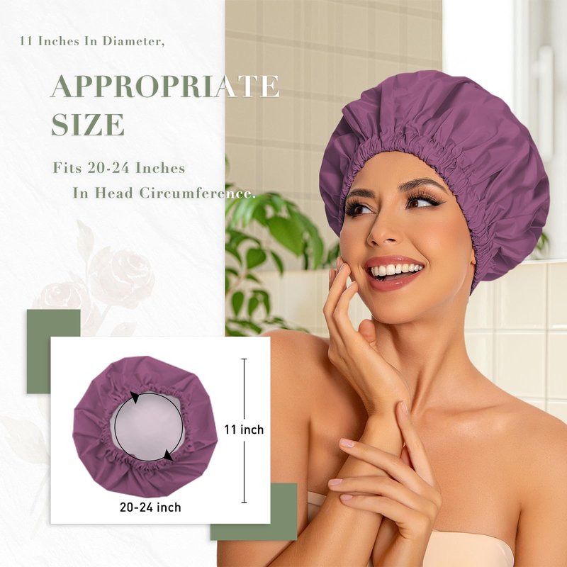 Reusable Shower Cap for Women, Large Waterproof Shower Bonnet with Elastic Band, Washable Bath Hair Cap for Long, Curly Hair, Braids, Daily Shower, Home Spa, Travel(Leather Purple)